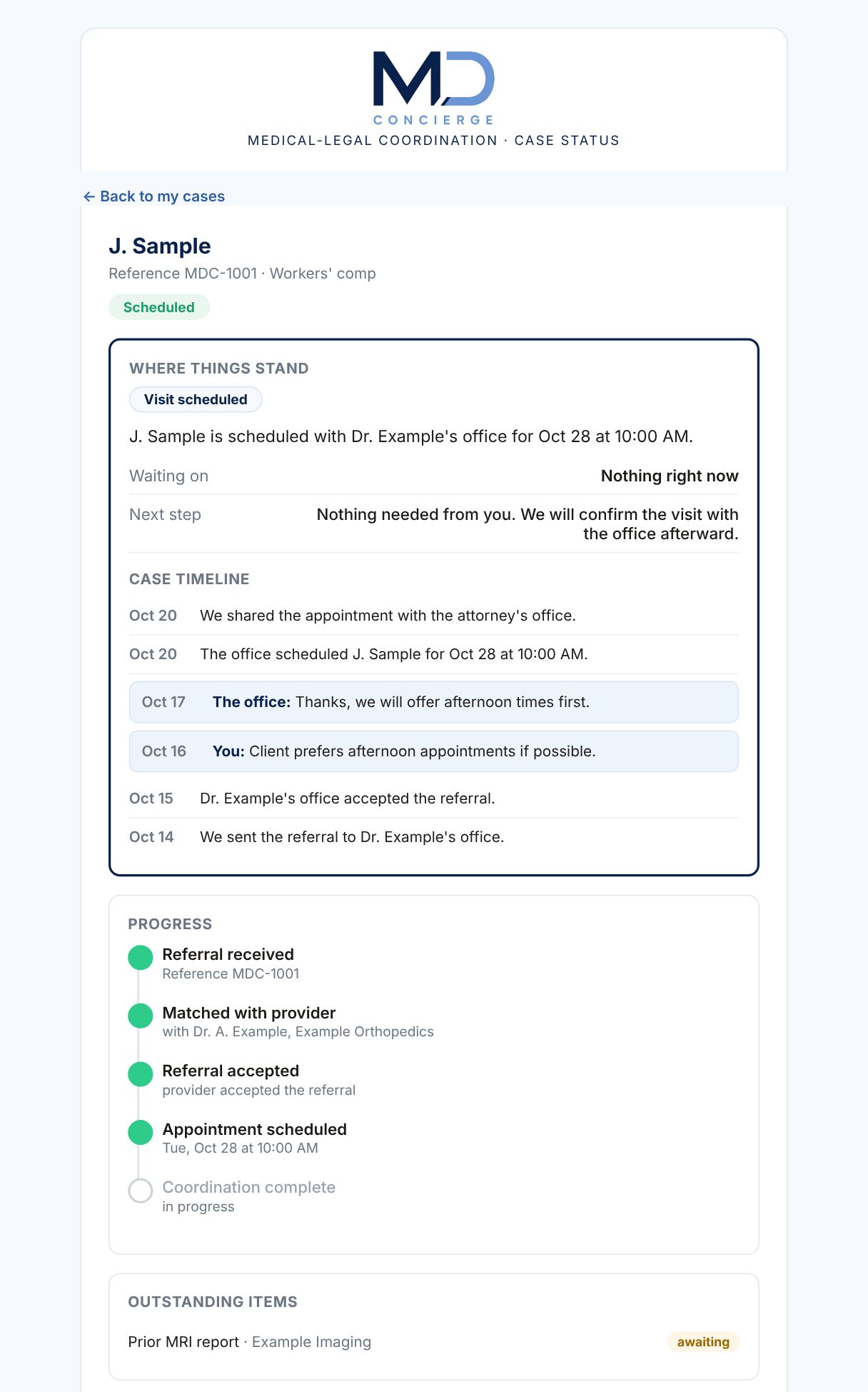 A case page from the MDconcierge platform, with sample data